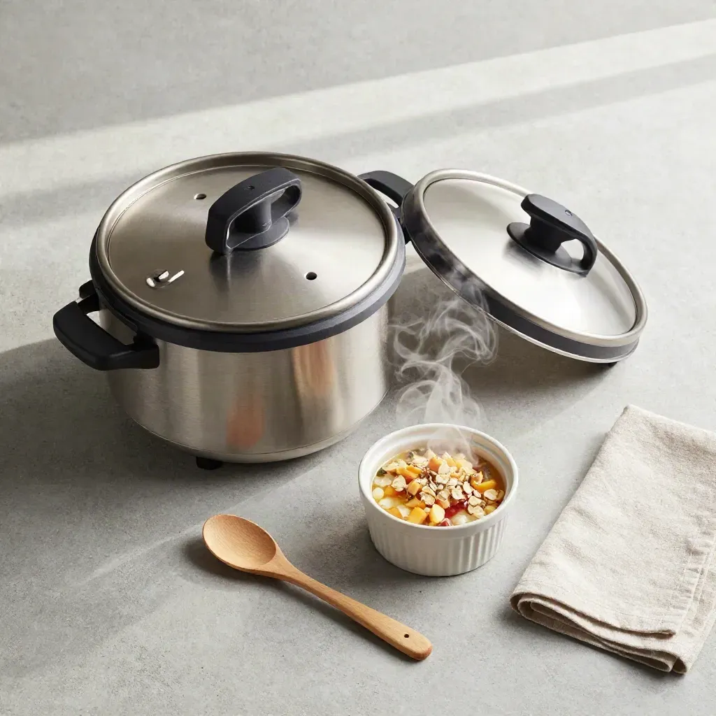 Overhead flatlay of a stainless multi-cooker with ramekin, spoon and linen napkin on pale concrete.