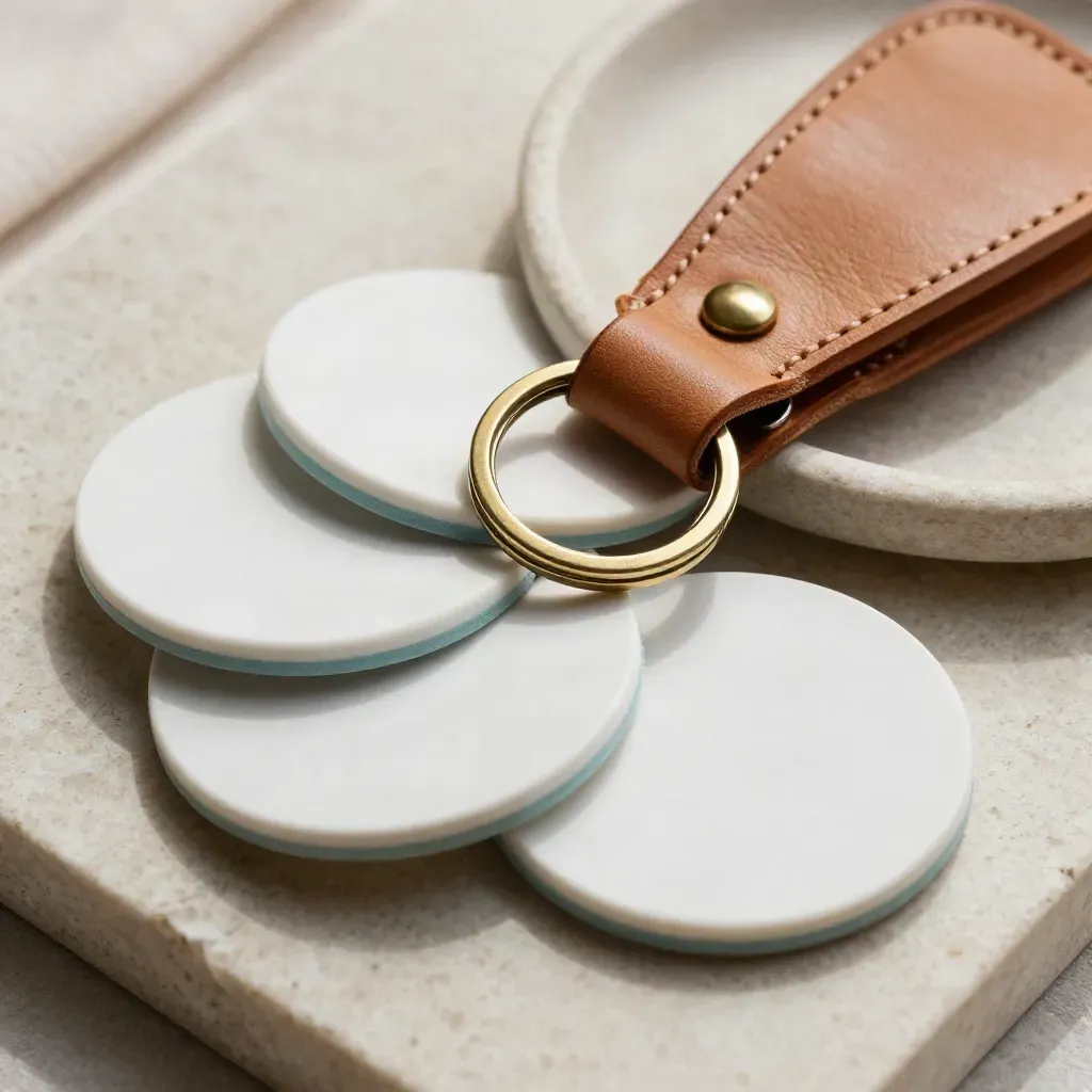 Top-down macro of four white tracker pucks, brass key ring, leather sleeve, and stone dish.