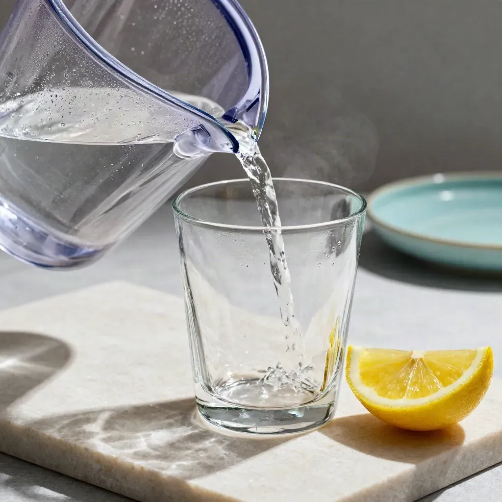 Clear water-filter pitcher, tumbler, and lemon wedge on pale stone with condensation.