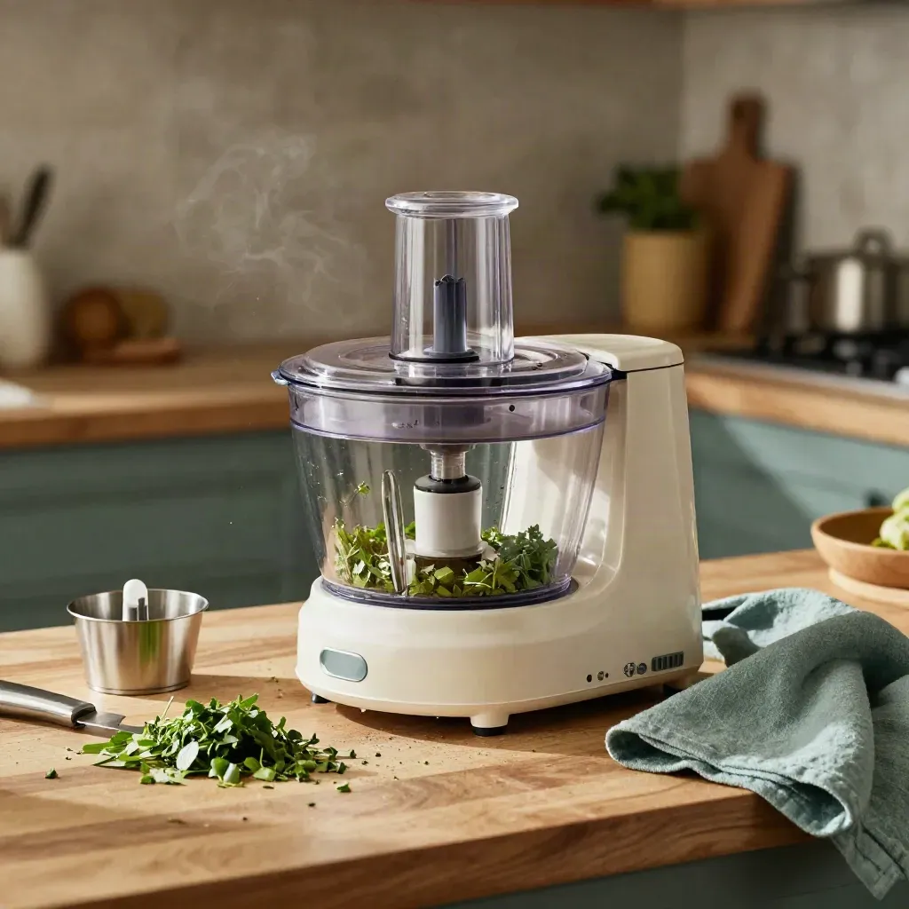 Unbranded food processor mid-prep on a butcher block with chopped herbs and soft kitchen light.