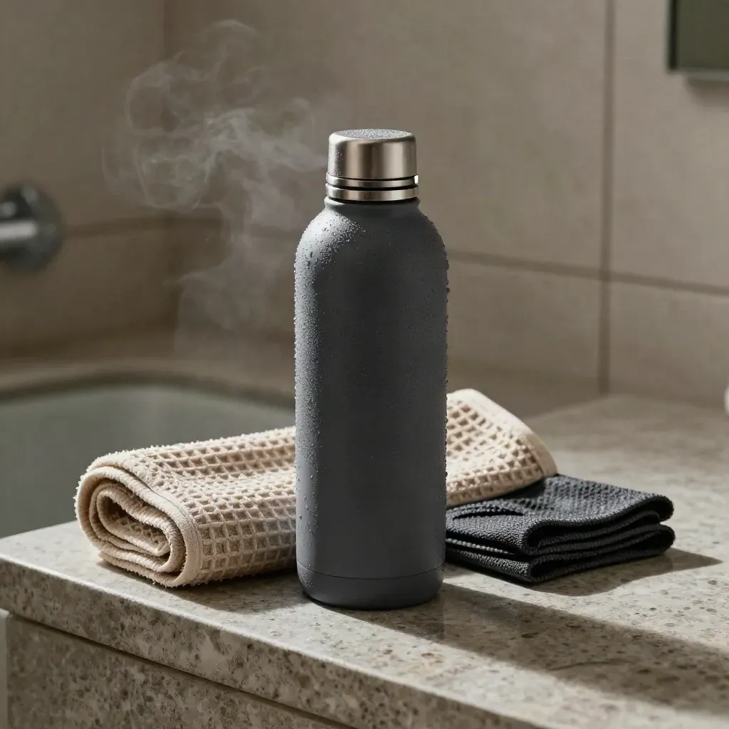 Unbranded wide-mouth insulated bottle with towel and mist on a cool stone bench.
